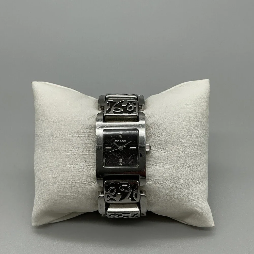 Fossil Womens Watch 21mm Black Dial Stainless Bracelet Wood New Battery 6.25
